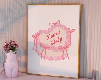 Affiche taureau, signe du zodiaque à imprimer, signe du zodiaque taureau, affiche d'astrologie, bébé taureau, cadeaux d'anniversaire, impression d'art de gâteau, art mural esthétique
