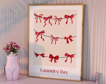 Poster noeud rouge, art esthétique de salle de bain pour le jour de la lessive, décoration d'appartement, impression ruban BCBG, fille du centre-ville, art mural numérique girly tendance