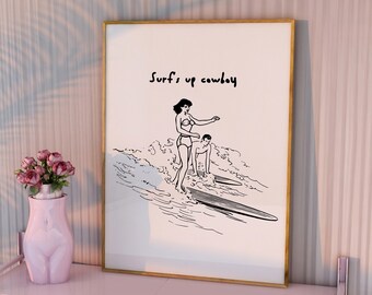 Plakat z motywem surfingu w stylu retro, sztuka kowbojów w stylu vintage, estetyczny wystrój nadmorski, wydruk w stylu retro western do pobrania w wersji cyfrowej, czarna sztuka kowboja z motywem Surf's Up