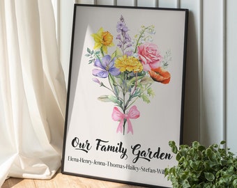Bouquet de famille de fleurs de naissance, jardin de famille, impression de fleurs le mois de naissance, conception d'affiche personnalisée, cadeau de Noël, cadeau personnalisé, jardin de grand-mère