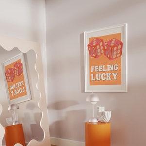 Feeling Lucky Holographic Poster, Orange Retro Wall Art, y2k  Bar Cart Poster, Dices Print, Affirmation Poster, Lucky You Art Print