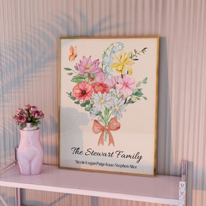 Buquê de família de flores de nascimento, impressão de flores do mês de nascimento, design de pôster personalizado, presente de Natal, presente personalizado, flor de nascimento de jardim familiar