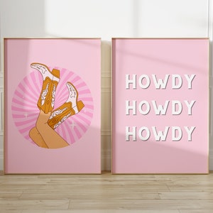 Cowgirl Poster Set of 2, Howdy Poster, Western Girl Wall Art, Cowgirl Poster Pink, Cowgirl Boots Print, Cowboy Boots Print, Girly Print