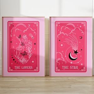 Tarot Card Poster Set van 2, The Lovers-The Star Tarot Card Prints, esthetische roze Tarot Card Wall Set, Trendy downloadbare slaapzaalkunst