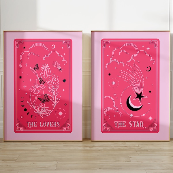 Tarot Card Poster Set of 2, The Lovers-The Star Tarot Card Prints, Aesthetic Pink Tarot Card Wall Set, Trendy Downloadable Dorm Art