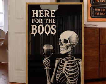 Impression squelette de vin, affiche rétro d'Halloween ici pour les huées, affiche de chariot de bar, impression tête de mort funky, art mural Halloween, impression effrayant Halloween