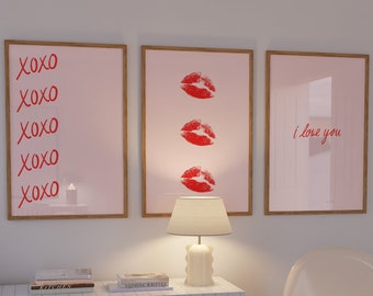 Regalo de San Valentín para ella/él, juego de 3 pósteres femeninos de moda, arte de "Te amo", juego de pared de pareja, póster "xoxo", juego de arte estético minimalista