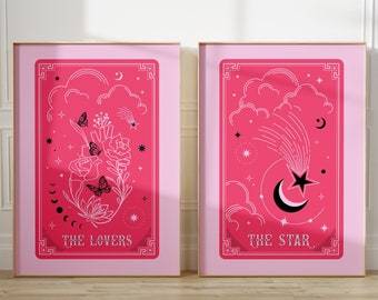 Tarot Card Poster Set of 2, The Lovers-The Star Tarot Card Prints, Aesthetic Pink Tarot Card Wall Set, Trendy Downloadable Dorm Art