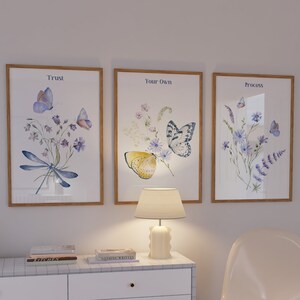 Trust Your Own Process Trendy Retro Butterfly Wall Art Set of 3, Vintage Butterfly Poster, Wildflower Softness Art Print, Pastel Blue Prints