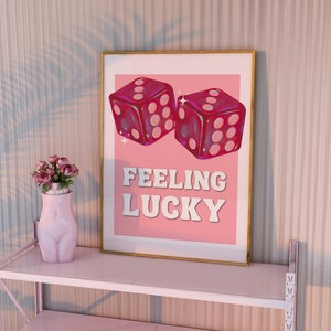 Feeling Lucky Holographic Poster, Pink Burgundy Retro Wall Art, y2k  Bar Cart Poster, Dices Print, Affirmation Poster, Lucky You Art Print