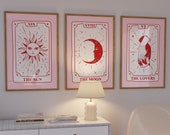 Tarot Card Poster Set of 3, The Lovers-The Sun-The Moon Tarot Card Prints, Aesthetic Pink Tarot Card Wall Set, Trendy Downloadable Dorm Art