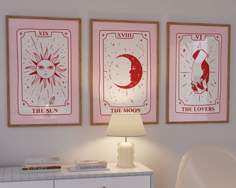 Tarot Card Poster Set of 3, The Lovers-The Sun-The Moon Tarot Card Prints, Aesthetic Pink Tarot Card Wall Set, Trendy Downloadable Dorm Art