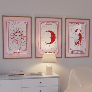 Tarot Card Poster Set van 3, The Lovers-The Sun-The Moon Tarot Card Prints, esthetische roze Tarot Card Wall Set, Trendy downloadbare slaapzaalkunst