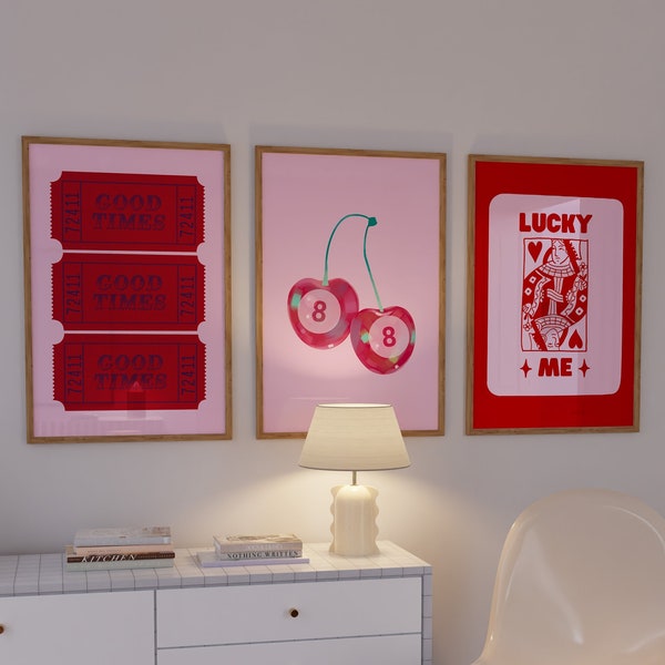 Trendy Retro Wall Art Set of 3, Good Times Ticket Print, Lucky Me Print, Magic 8 Ball Cherry Poster, Aesthetic Pink Red Queen Card Poster