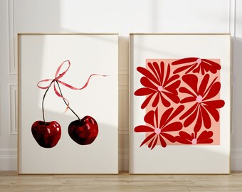 Lot de 2 oeuvres d'art murales cerises, décoration coquette, oeuvre d'art murale cerise, décoration de chambre rose, oeuvre d'art murale ruban rose, affiche de fleurs abstraites rouges et roses