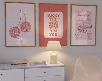 Trendy Retro Wall Art Set of 3, Lucky You Poster, Guest Check Print, Disco Cherry Poster, Queen of Hearts Wall Art, Cheers, Preppy Cocktail
