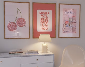 Trendy Retro Wall Art Set of 3, Lucky You Poster, Guest Check Print, Disco Cherry Poster, Queen of Hearts Wall Art, Cheers, Preppy Cocktail