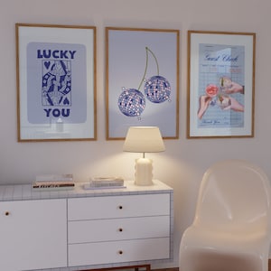 Trendy Retro Wall Art Set of 3, 777 Lucky You Poster, Guest Check Print, Disco Cherry, Blue Queen of Hearts Wall Art,Cheers, Preppy Cocktail
