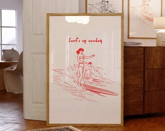 Plakat z motywem surfingu w stylu retro, sztuka kowbojów w stylu vintage, estetyczny wystrój nadmorski, cyfrowe pobieranie wydruków w stylu retro western, kowbojska sztuka ścienna Red Surf's Up