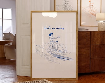 Plakat z motywem surfingu w stylu retro, sztuka kowbojów w stylu vintage, estetyczny wystrój nadmorski, wydruk w stylu retro western do pobrania w wersji cyfrowej, granatowa grafika ścienna z motywem kowboja Surf's Up
