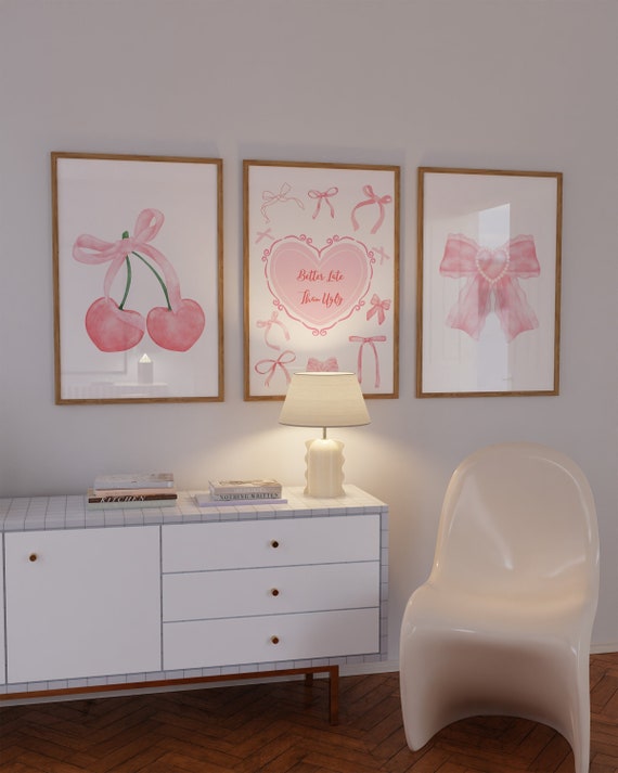 Soft Girly Bow Poster Set of 3, Trendy Aesthetic Pink Gallery Wall Set, Cherry Print, Preppy y2k Art, Softness Art Print, Dorm Room Poster