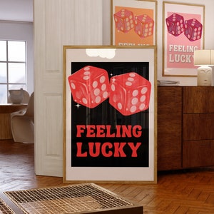 Plakat holograficzny Feeling Lucky, czarno-czerwona sztuka ścienna w stylu retro, plakat Y2K Bar Cart, wydruk Dices, plakat Affirmation, wydruk artystyczny Lucky You