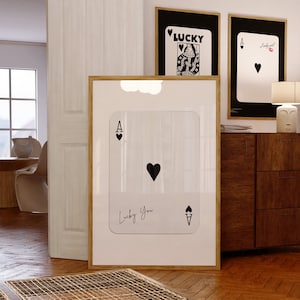 Tarjeta Ace negra, impresión de as de corazones de moda, cartel de Lucky You, cartel de cartas Ace, cartel de naipes, arte retro de moda, arte de pared de cartas Ace