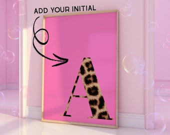 Art initial numérique personnalisé, art mural initial léopard personnalisé, impression lettre rose personnalisée, décoration tendance pour dortoir, affiche léopard chic