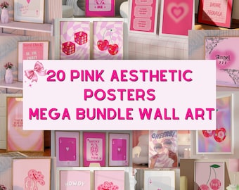 Lot de 20 affiches roses, lot de 20 affiches roses, lot d'oeuvres d'art murales tendance, affiche de la chance, cerise disco, impression chèque invité, cow-girl, carte As