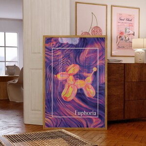 Cartel de perro globo, cartel de euforia, impresiones onduladas retro de los años 70, cartel holográfico, descargable de moda, arte de pared retro preppy, arte retro púrpura