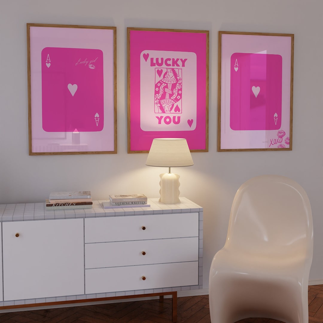 Pink Queen of Hearts Poster, Trendy Set of 3 Wall Art, Ace Card Print, Lucky You Print, Queen ...