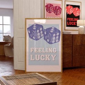 Feeling Lucky Holographic Poster, Blue Retro Wall Art, y2k  Bar Cart Poster, Dices Print, Affirmation Poster, Lucky You Softness Art Print