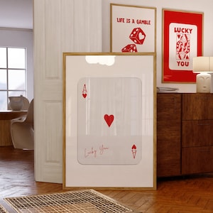 Stampa trendy di asso di cuori, poster Lucky You, carta asso rosso ciliegia, poster di carte asso, poster di carte da gioco, arte trendy retrò, arte da parete di carte asso