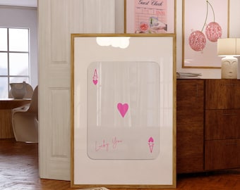 Trendy Ace of Hearts Print, Lucky You Poster, Pink Ace Card, Ace Card Poster, Playing Card Poster, Retro Trendy Art, Ace Card Wall Art