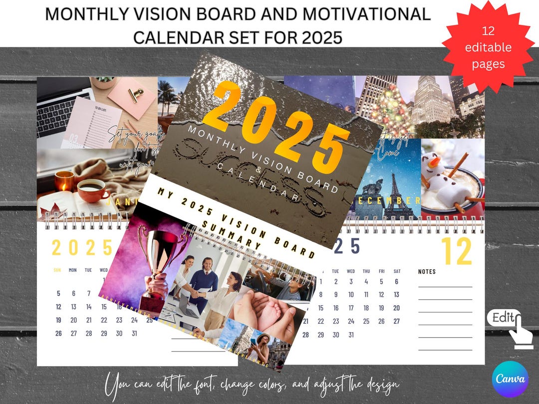 Editable Monthly Vision Board & Motivational Calendar Set for 2025, DIY ...