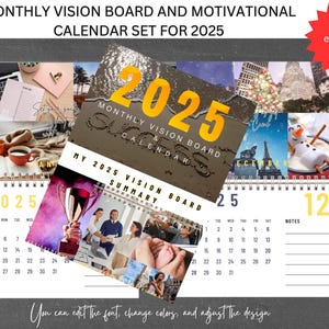 Editable Monthly Vision Board & Motivational Calendar Set for 2025, DIY Vision Board, Manifesting 2025, Bundle of Vision Board and Calendar