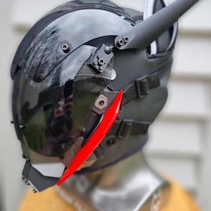 Cyberpunk Pup Helmet w/Antennas & Balaclava. Futuristic Dog Mask. Puppy Play Hood. Protogen Furry Drone Tinted Visor Commander Metallic Pet