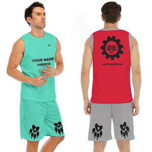 Camiseta de baloncesto y pantalones cortos personalizados de Sona Suit con texto "Ur", chaleco peludo sin mangas. Traje de furry a juego con capucha y dron Borg Gear Cog con código de barras.
