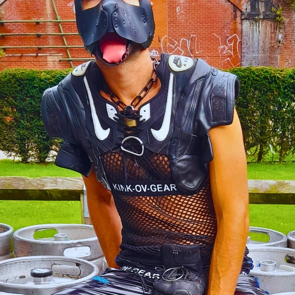 Leather Sneaker Shoulder Pads Harness with Pup Mask Jockstrap. American Football clubwear gay fetish puppy play