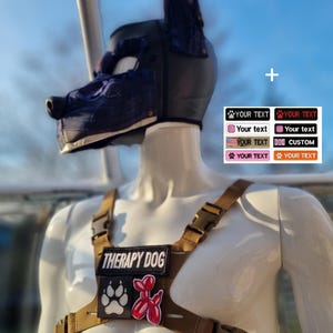 Peut inclure: Un masque de tête noir et bleu en forme de chien et un harnais marron. Le harnais comporte des boucles noires et un patch avec l'inscription "THERAPY DOG". Il y a aussi des patchs avec une empreinte de patte et un chien ballon rouge.