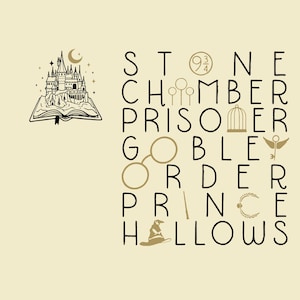 May include: A beige graphic featuring a castle illustration atop an open book, with the words "STONE", "CHAMBER", "PRISONER", "GOBLET", "ORDER", "PRINCE", and "HALLOWS" arranged vertically. Various icons are interspersed.