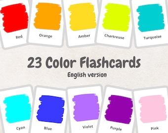 May include: 23 color flashcards in English, showing a variety of colors, including red, orange, amber, chartreuse, turquoise, cyan, blue, violet, purple, and pink.