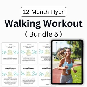 May include: A digital tablet displaying a woman running on a track, wearing headphones and holding a water bottle. The tablet is surrounded by 6 printable workout calendars, each with a different month and workout focus. The text "12-Month Flyer Walking Workout (Bundle 5)" is at the top of the image.