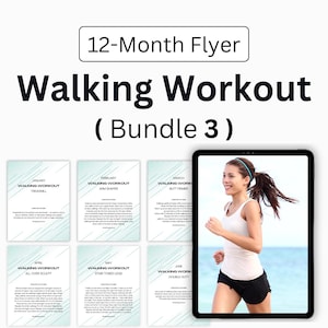May include: A 12-month walking workout bundle featuring a digital tablet displaying a woman running on a beach. The bundle includes monthly workout plans with titles such as "Treadmill", "Arm Shaper", "Butt Firmer", "All Over Sculpt", "Star Toned Legs", and "Double Duty".