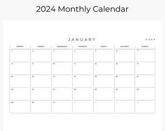 2024 Calendar, Monthly Planner Landscape Sunday & Monday Start | A4 Letter Size | Minimalist | Download | Digital PDF Printable | Goodnotes