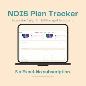 May include: A laptop screen displaying an NDIS Plan Tracker interface with pie charts and a category breakdown table. The text reads NDIS Plan Tracker, Interactive Design for Self-Managed Participants, and No Excel. No subscription. on a light background.
