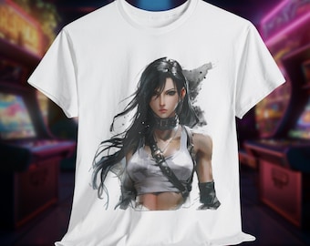 May include: White t-shirt with a black and white illustration of a woman with long black hair. The woman is wearing a white tank top and a black leather harness.