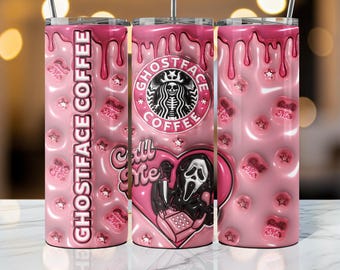 May include: A pink tumbler with a dripping design, featuring the text "Ghostface Coffee" and a heart-shaped graphic with the Ghostface mask and a phone. The tumbler has a straw and a lid.