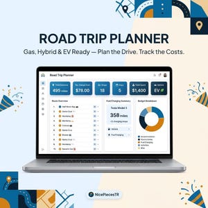 May include: A laptop displaying a Road Trip Planner dashboard with data fields for total distance in miles, charge costs, stops, days, and total spent. The screen shows a route overview, a Tesla Model 3 fuel summary, and a budget breakdown pie chart.