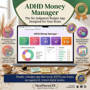 Peut inclure: Un écran d'ordinateur affiche l'interface ADHD Money Manager avec des widgets de suivi budgétaire colorés, un graphique circulaire et une liste de statistiques. Des icônes circulaires, une tasse de thé, un stylo et des notes adhésives sont présents.